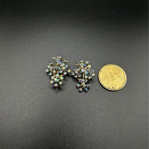Vintage Aurora Borealis Rhinestone Clip On Earrings, 1950s Triad